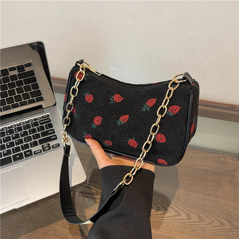 Women's Medium Corduroy Solid Color Strawberry Basic Classic Style Square Zipper Underarm Bag
