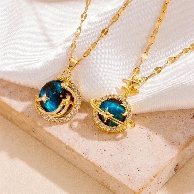 Titanium Steel 18K Gold Plated Vintage Style Plating Moon Acrylic Rhinestones Pendant Necklace