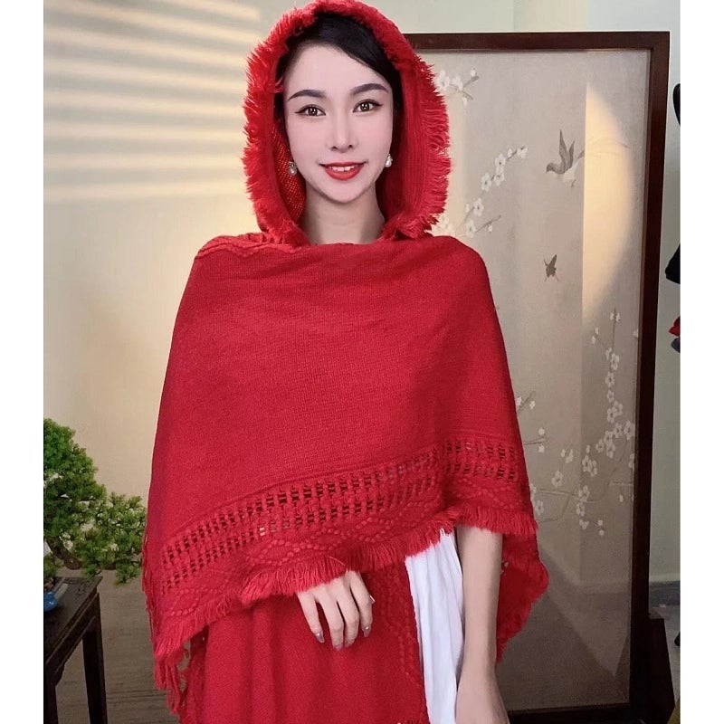 Travel Hooded Knitted Shawl Women's Ethnic Style Shawl Yunnan Lijiang Tibet Travel Photography New Cape Cape