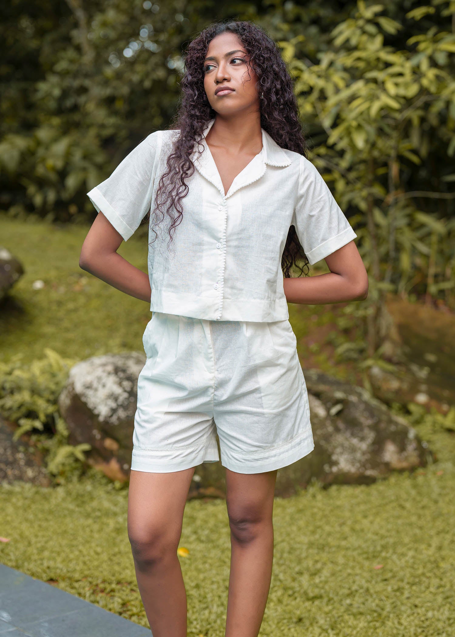 Cuban Collar Blouse With Pom Pom Lace