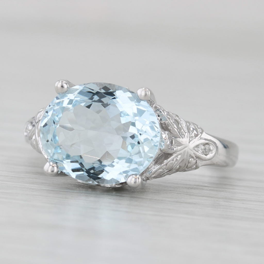 2.89ctw Oval Aquamarine Diamond Ring 14k White Gold Size 6 Floral