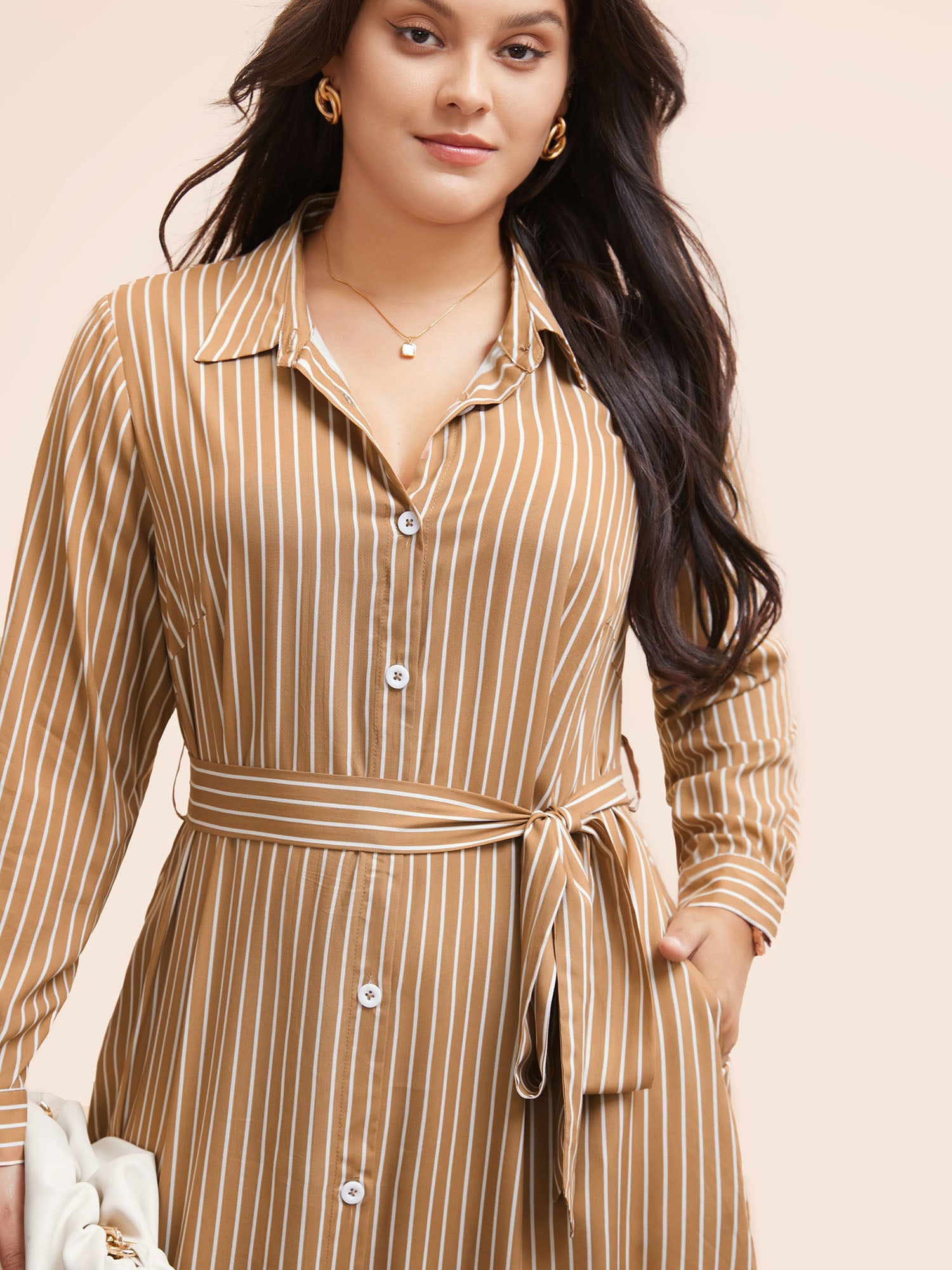 Striped Shirt Collar Curved Hem Midi Dress