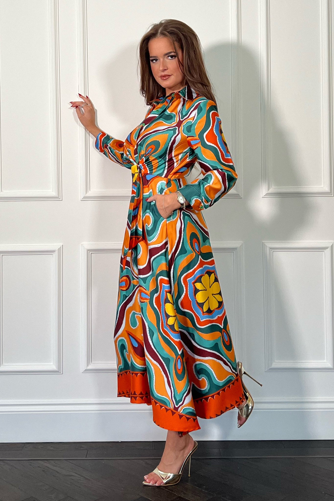 Isabella Orange Boarder Print Tie Front Shirt Dress