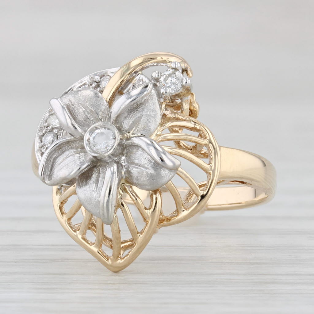 0.11ctw Diamond Flower Ring 14k White Yellow Gold Size 7.5