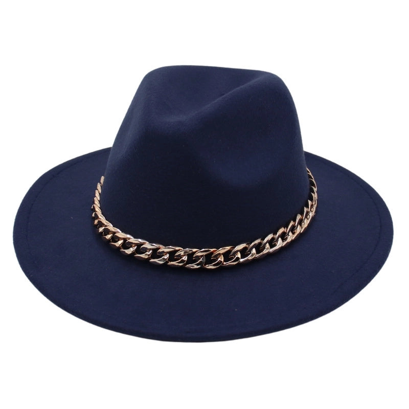 Chain Accessories Panama Hat Autumn And Winter  Jazz Woolen Hat Women's Fashion Big Brim Soft Felt Hat