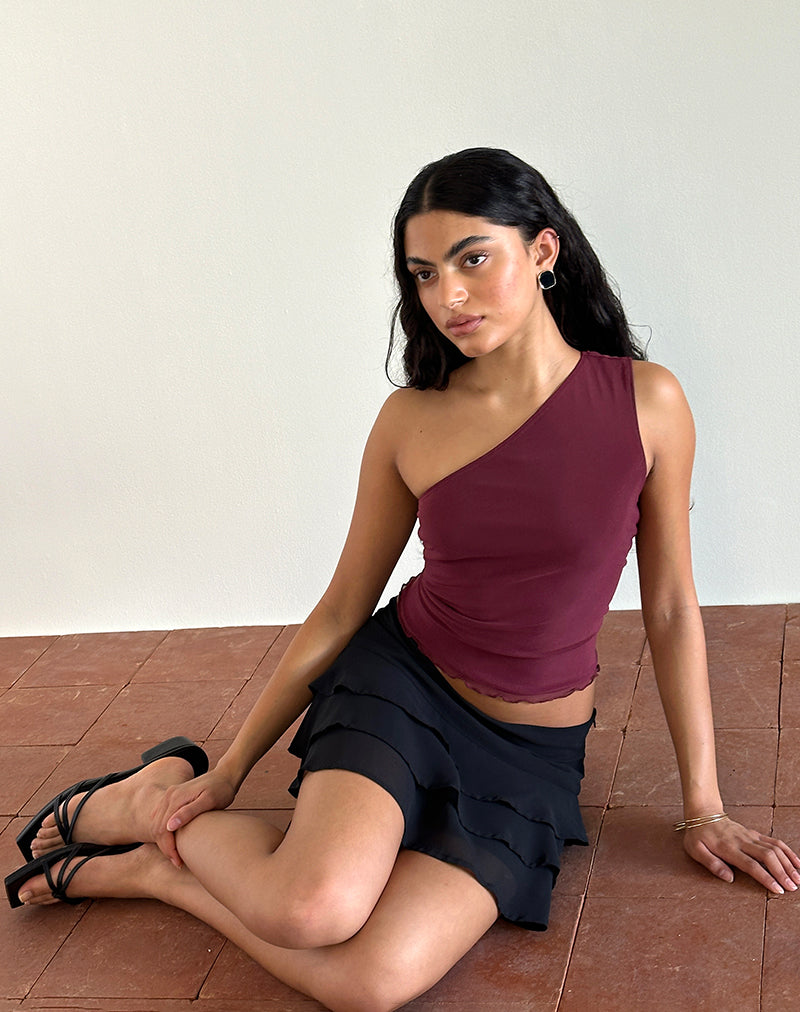 Rhian One Shoulder Top in Mesh Maroon