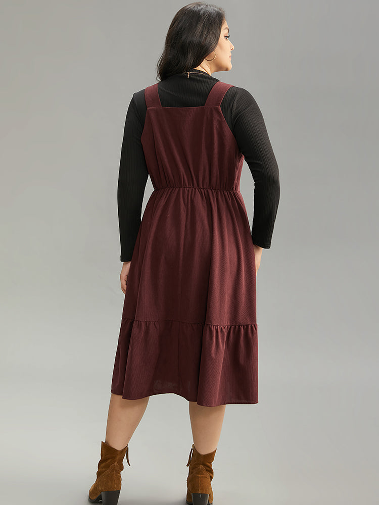 Corduroy Button Detail Ruffles Adjustable Straps Dress