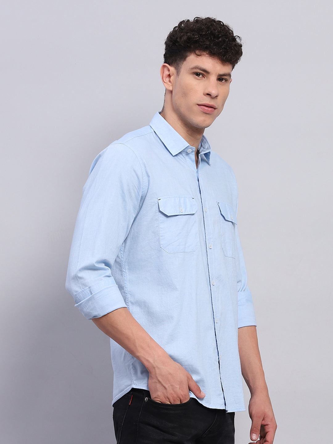 Men Blue Solid Collar Full Sleeve Shirt