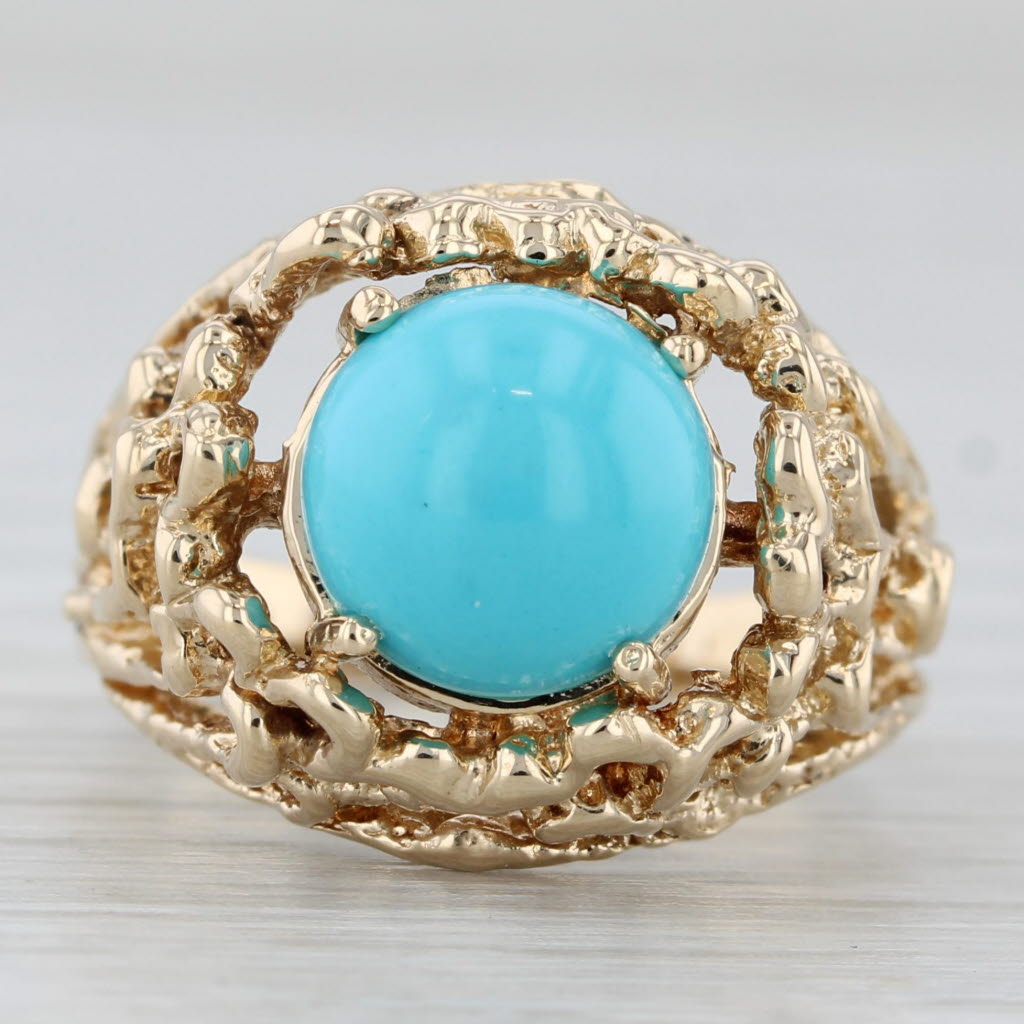 Simulated Turquoise Ring 14k Gold Round Cabochon Size 6.5 Ornate Openwork