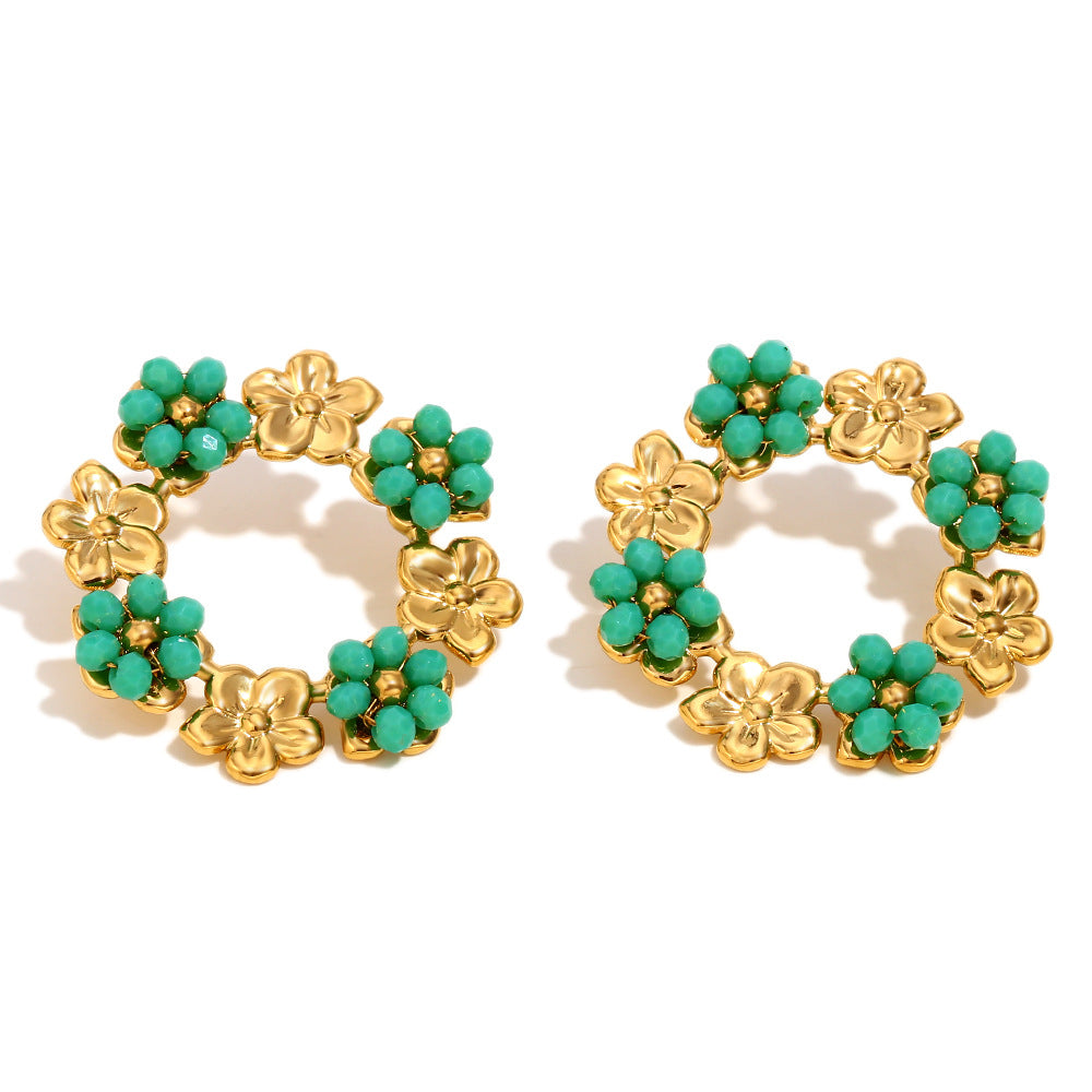 Niche Colorful Flower Hoop Earrings Stainless Steel 18K Gold Plated French Malachite Earrings