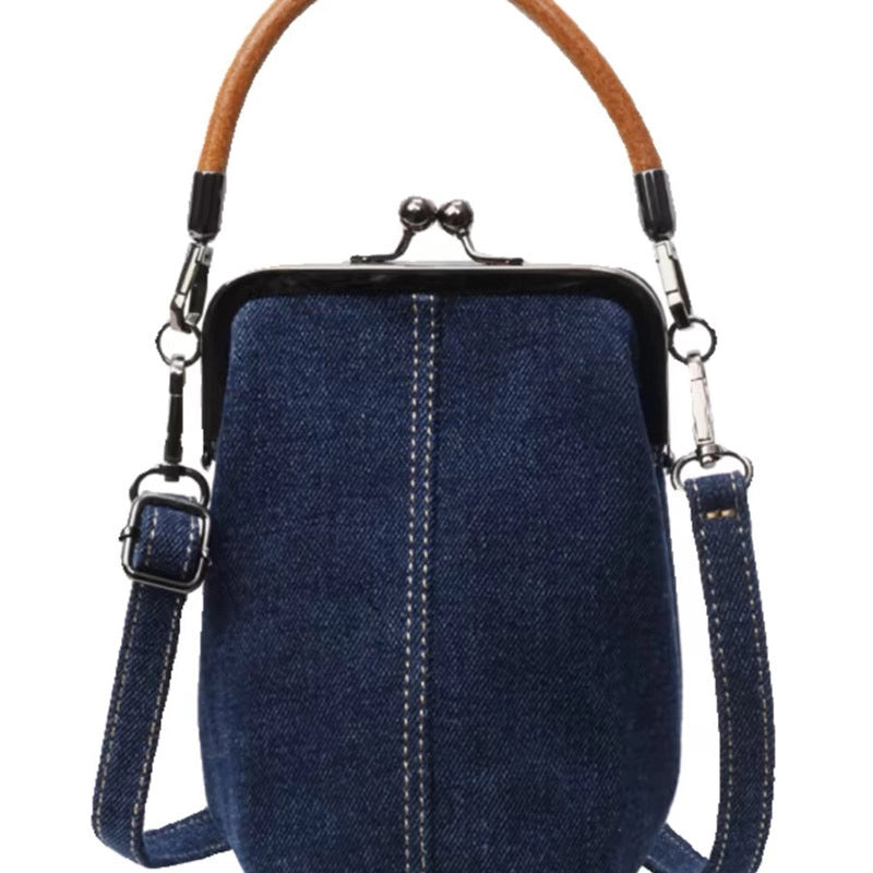 Women's Small Denim Solid Color Streetwear Sewing Thread Square Clasp Frame Phone Wallets