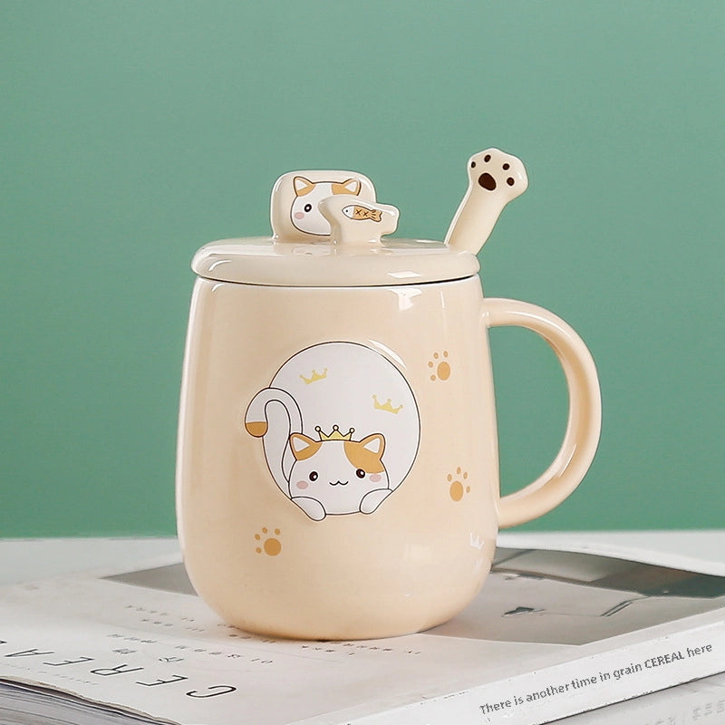 Cat Mug With Lid Spoon Ceramic Cup Creative Personality Trendy Office Cartoon Ins Household Coffee Cup