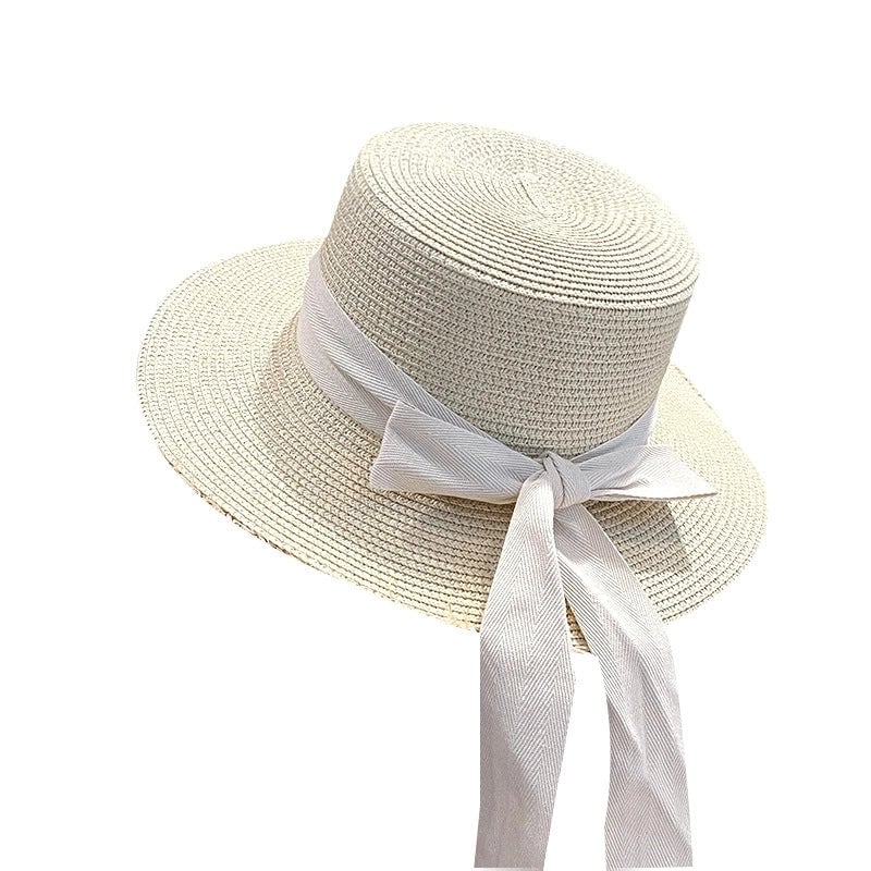 Women's Sweet Pastoral Solid Color Bowknot Wide Eaves Straw Hat