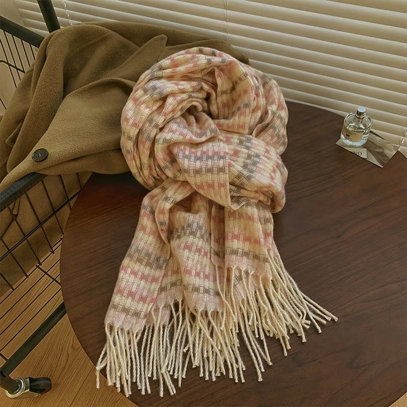 New Plaid Autumn And Winter White Scarf Women's  Atmosphere Warm Soft Tassel Shawl Scarf