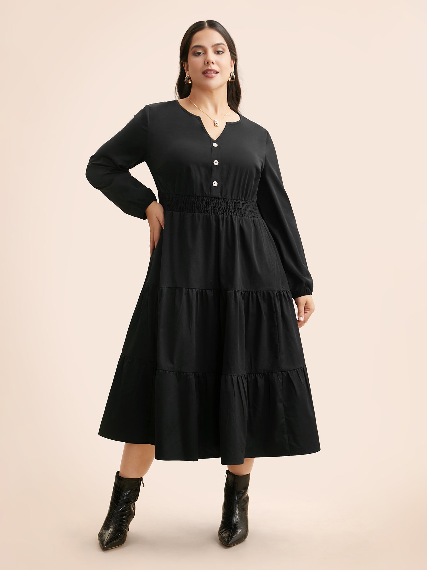 Notched Button Detail Ruffle Layered Hem Dress