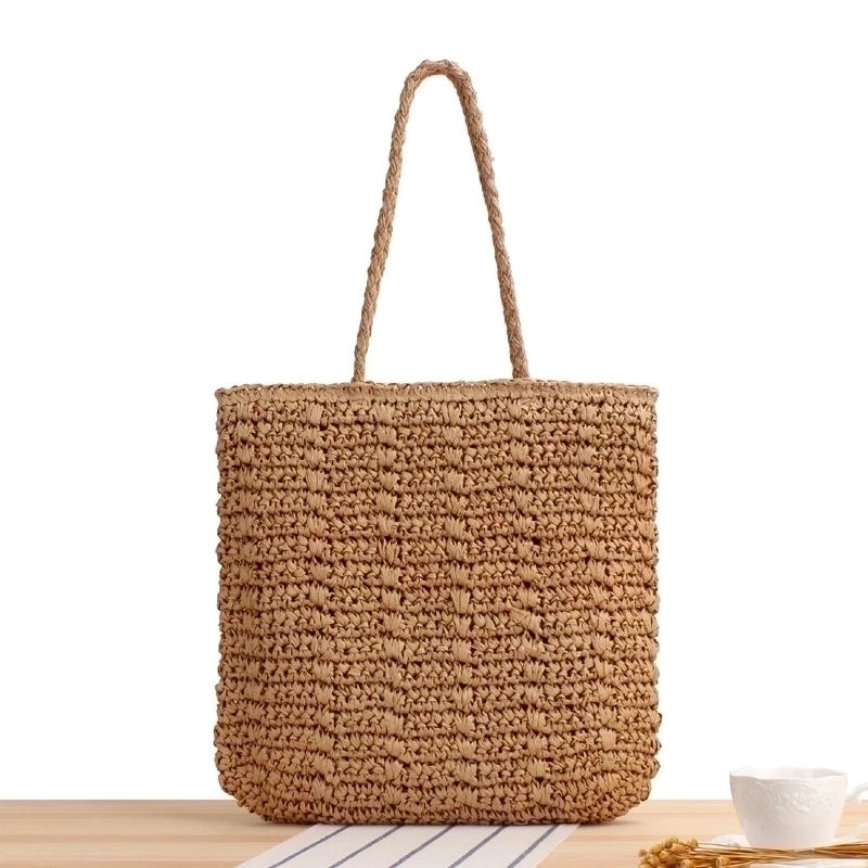 Women's Large Spring&summer Straw Solid Color Vacation Square Zipper Straw Bag