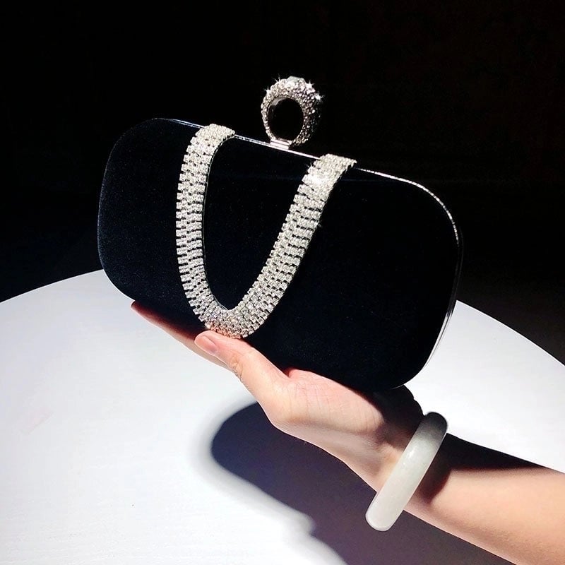 Red Khaki Dark Blue Velvet Solid Color Rhinestone Pillow Shape Clutch Evening Bag