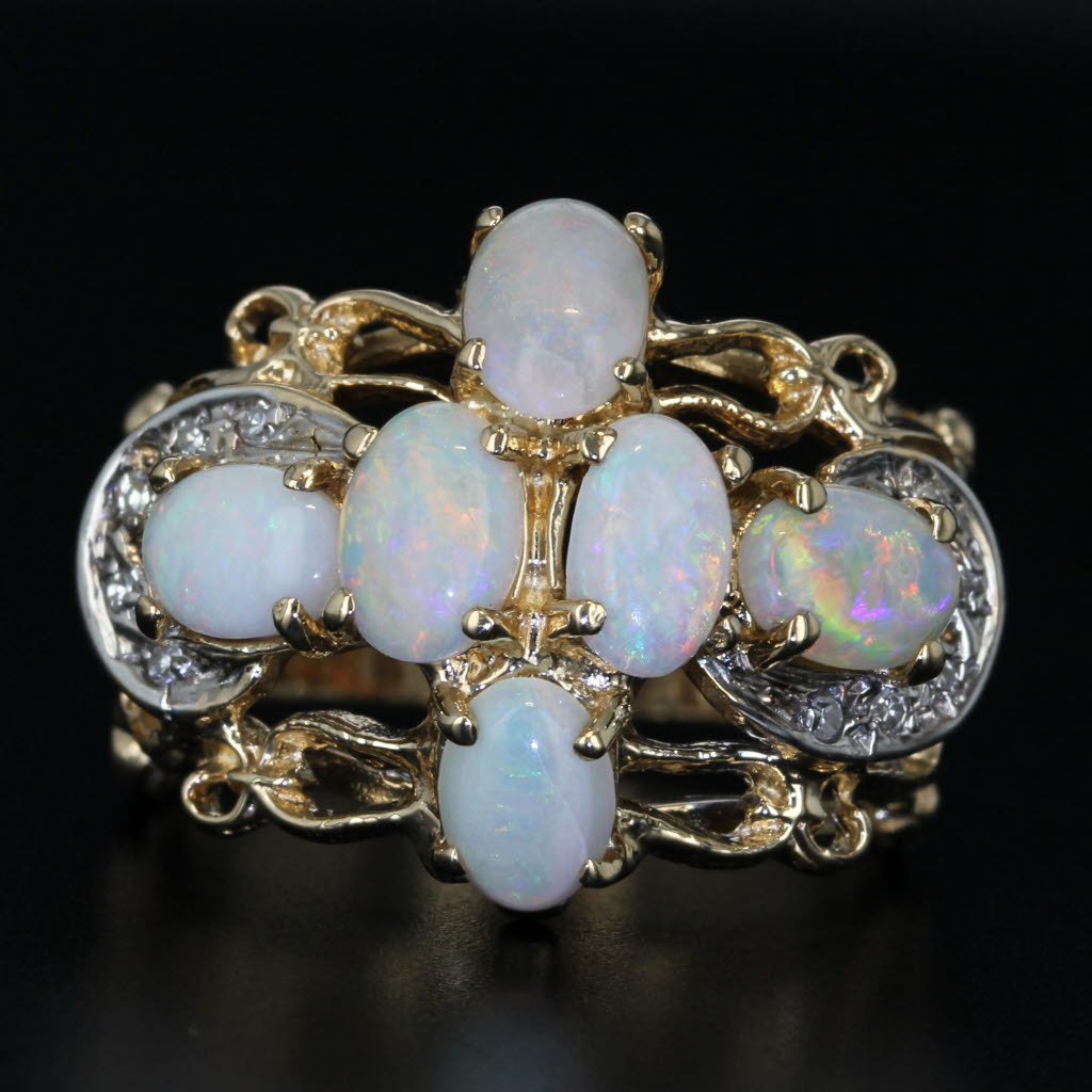 Opal Cluster Diamond Ring 14k Yellow Gold Size 5.5 Cocktail