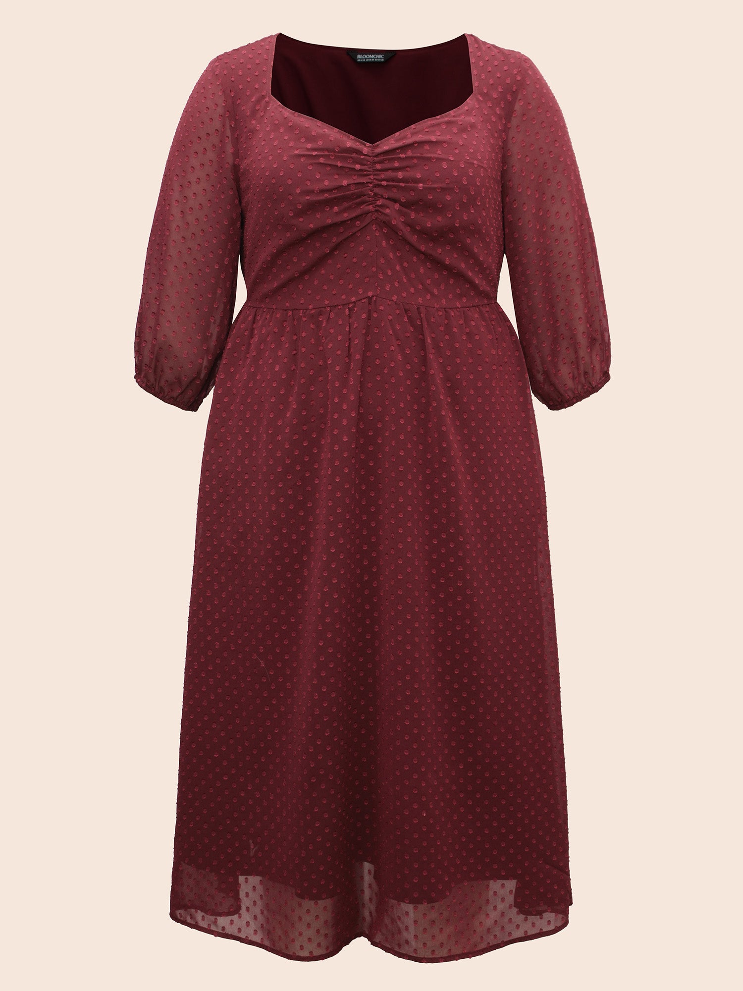 Plain Textured Ruched Lantern Sleeve Dress