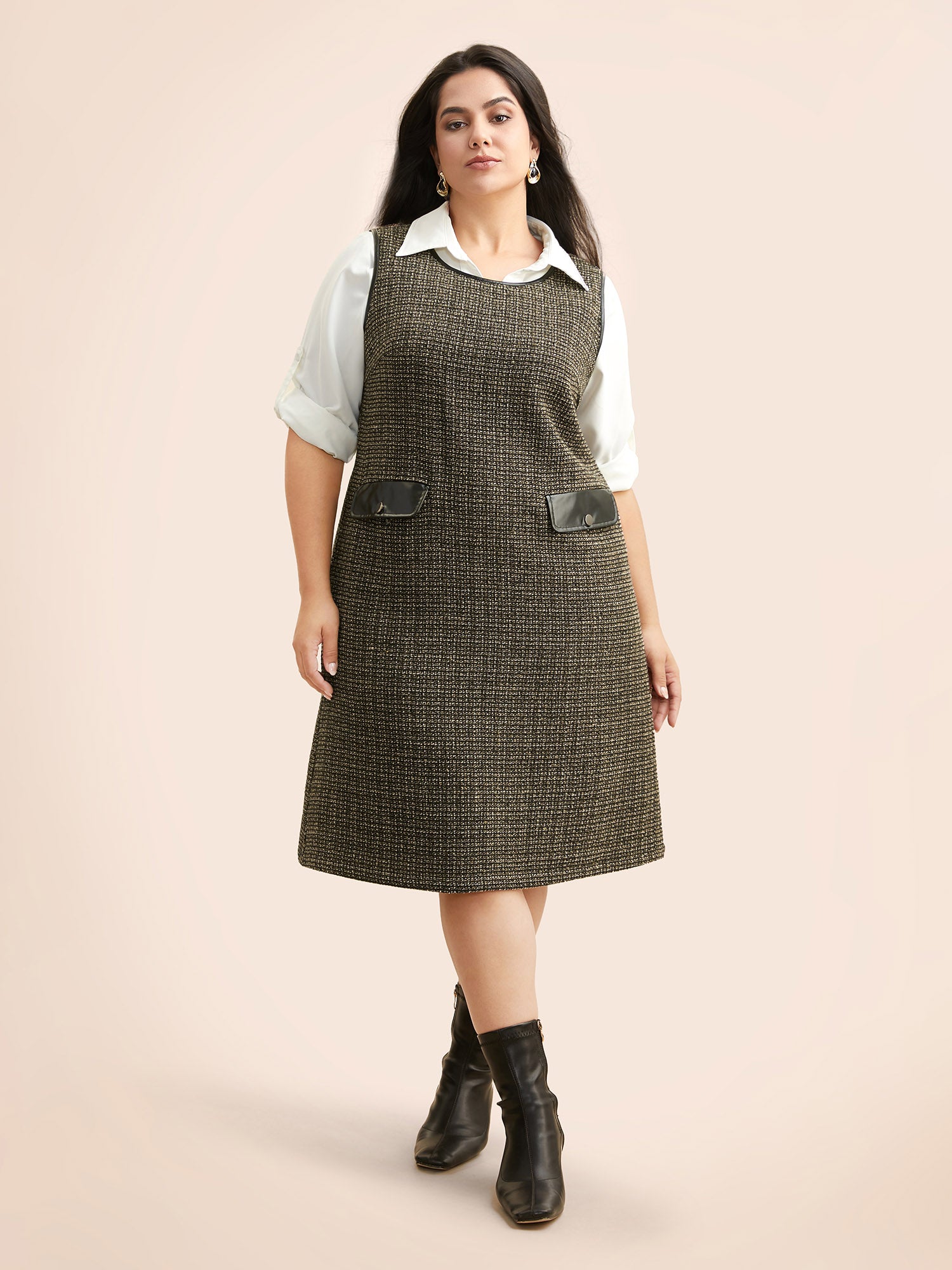 Tweed Patchwork Flap Pocket Dress