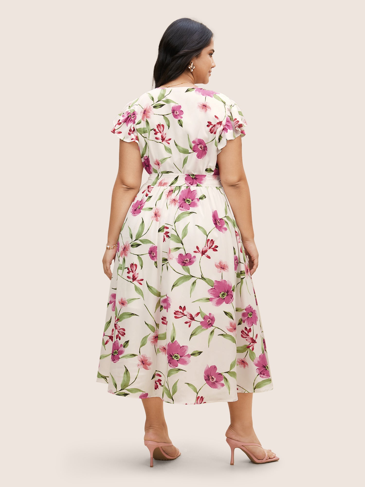 Surplice Neck Floral Ruffle Cap Sleeve Dress