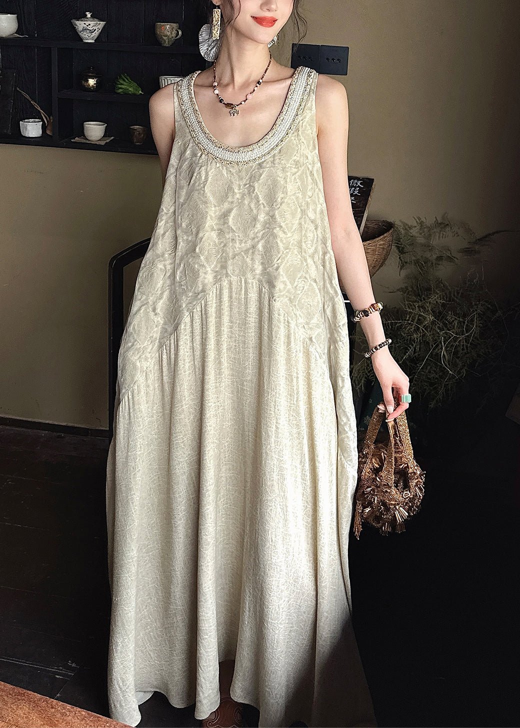 French Apricot O Neck Pockets Patchwork Cotton Long Dress Sleeveless