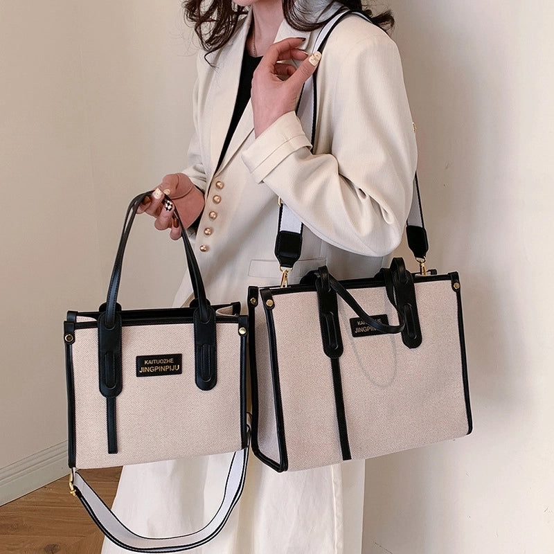 Women's Large Canvas Letter Elegant Square Zipper Tote Bag
