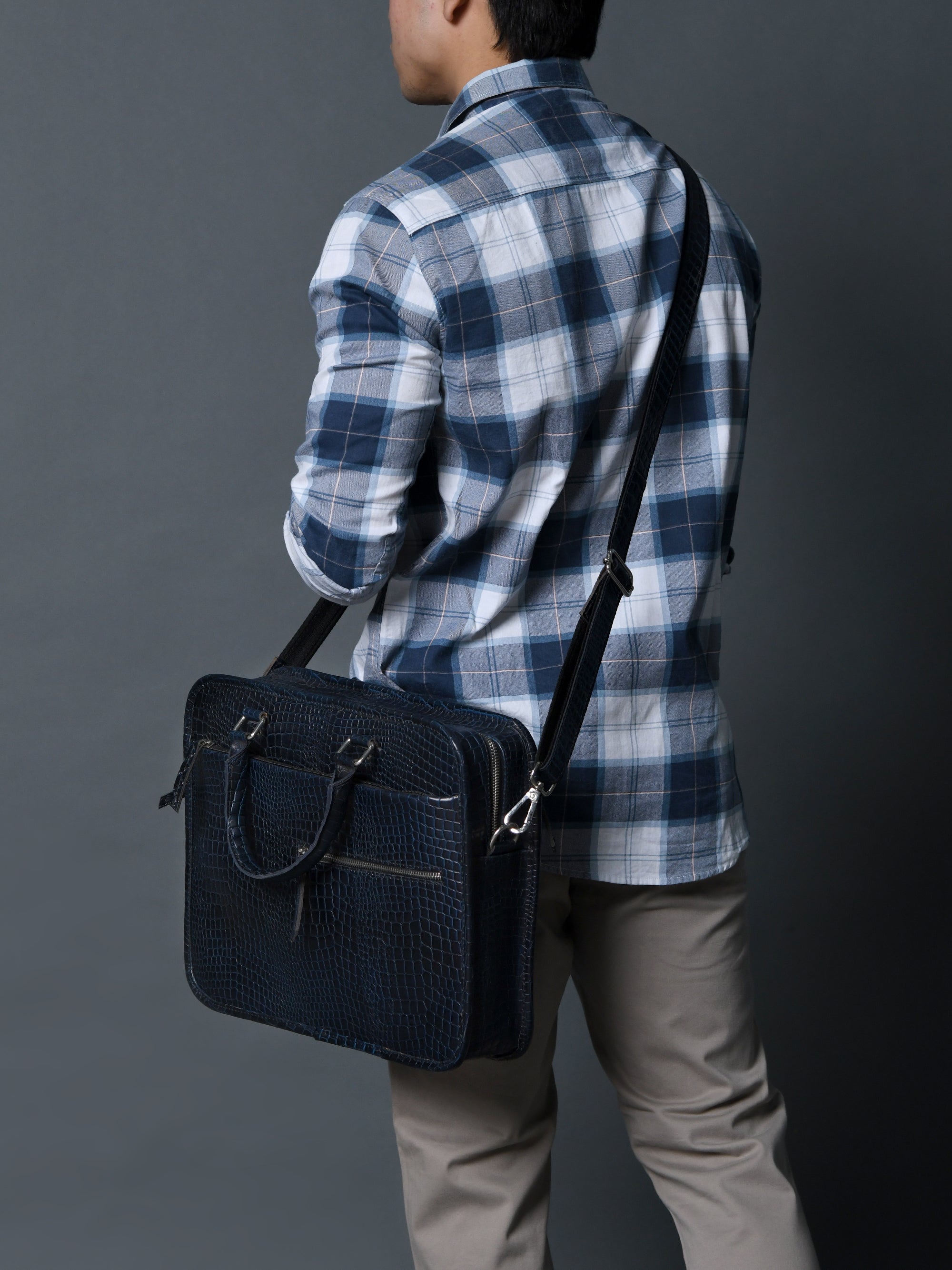 Croco Leather Computer Bag. Navy