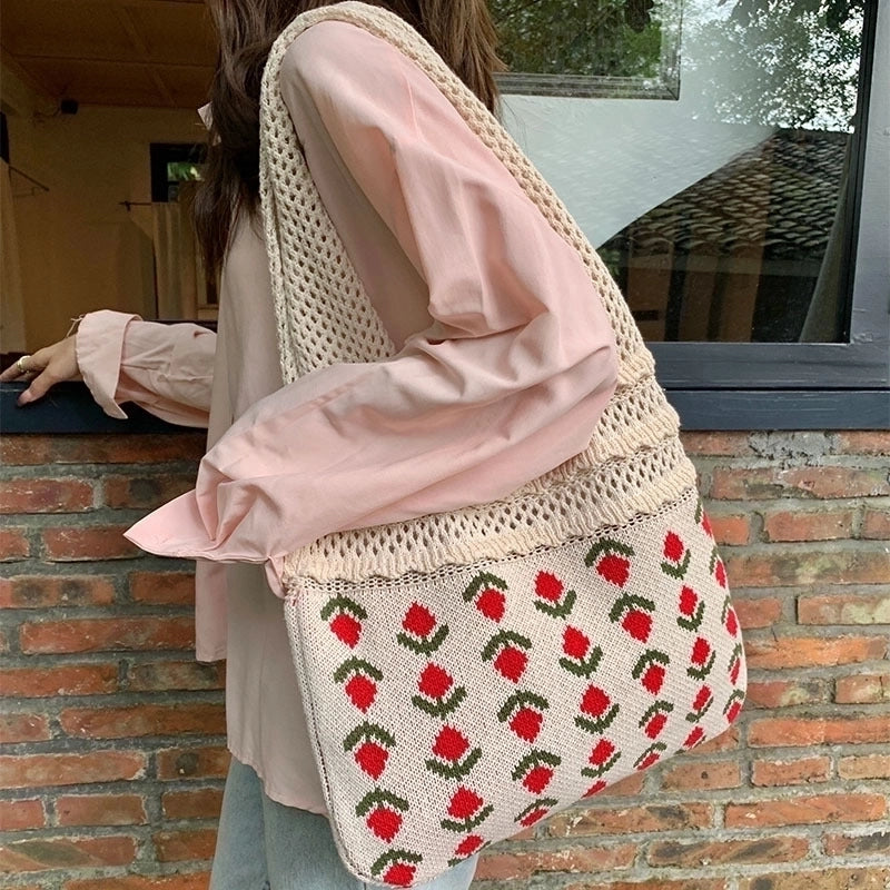 Women's Medium Knit Flower Vintage Style Weave Open Shoulder Bag