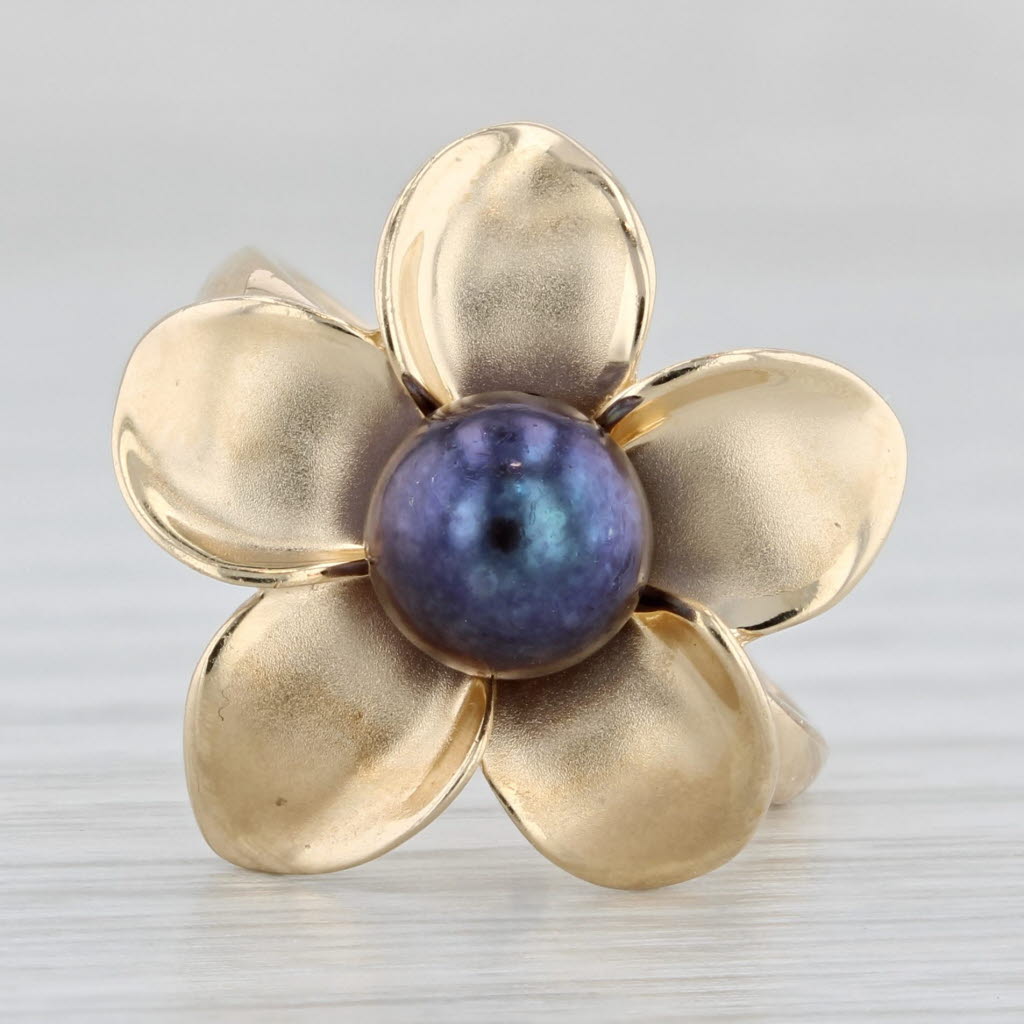 Black Cultured Pearl Flower Ring 14k Yellow Gold Size 6 Floral Statement