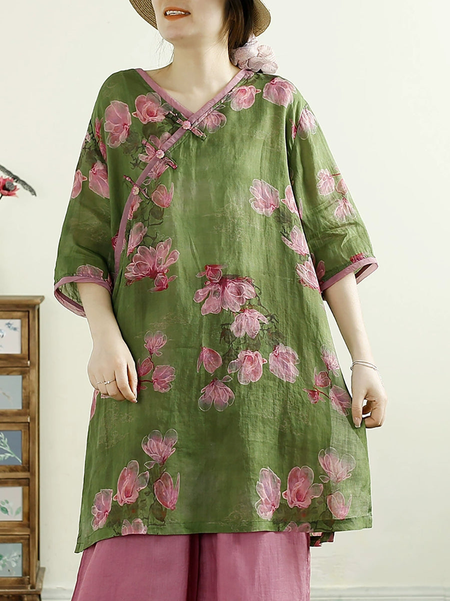 Women Summer Ethnic V-Neck Flower 100%Ramie Shirt