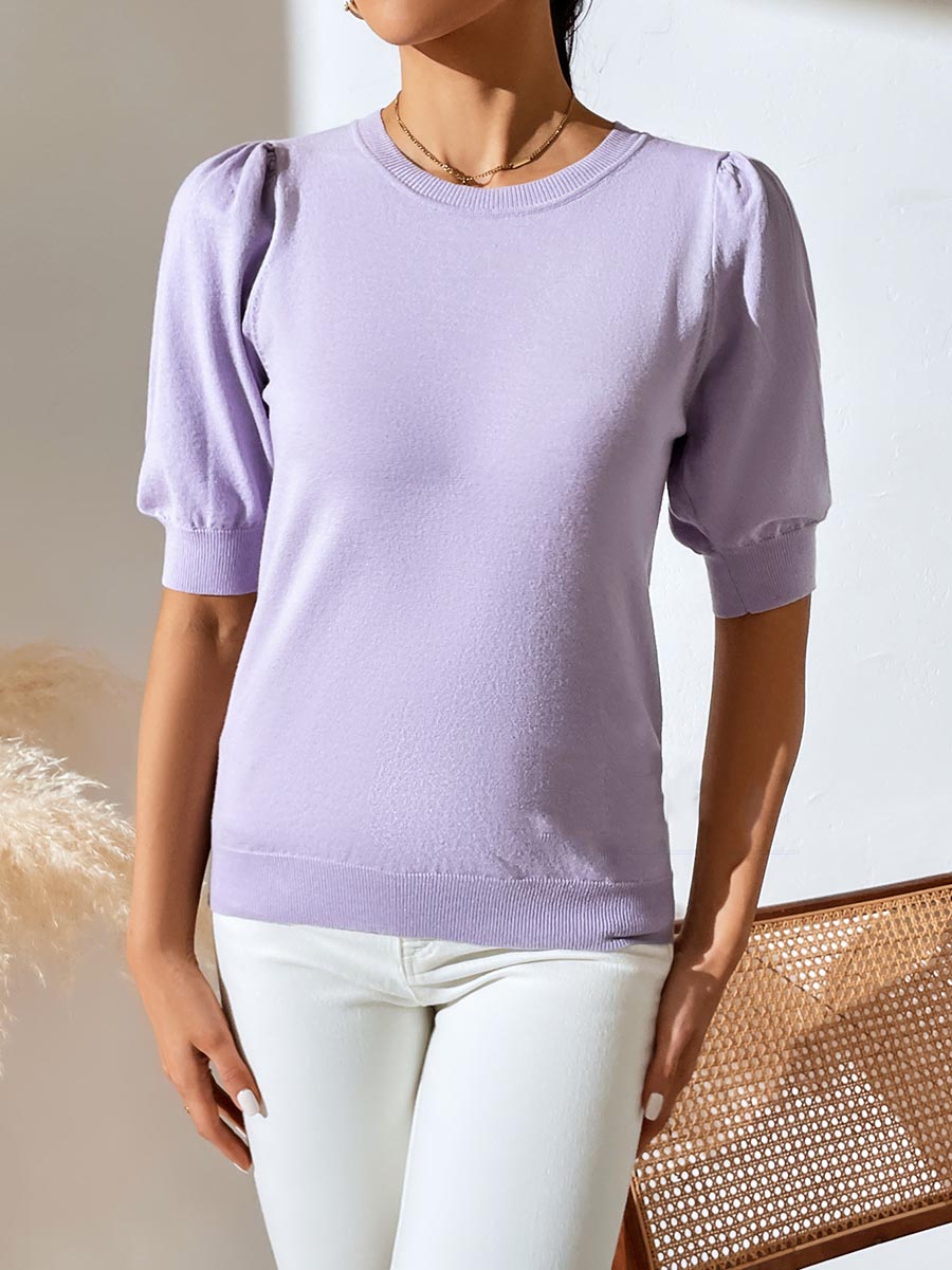 Round Neck Pleated Short Sleeve Solid Color Knit (5 colors)