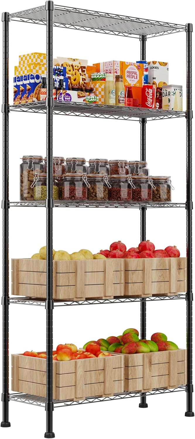 REGILLER 5-Wire Shelving Metal Storage Rack Adjustable Shelves,Standing Storage Shelf Units for Laundry Bathroom Kitchen Pantry Closet(Black,11.8
