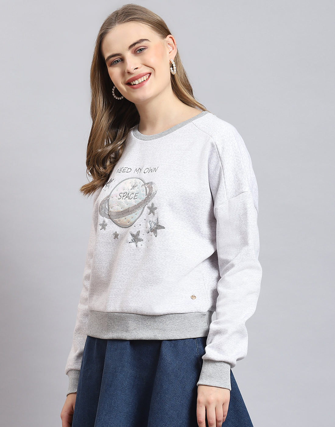 Women Grey Melange Embellished Round Neck Full Sleeve Sweatshirt