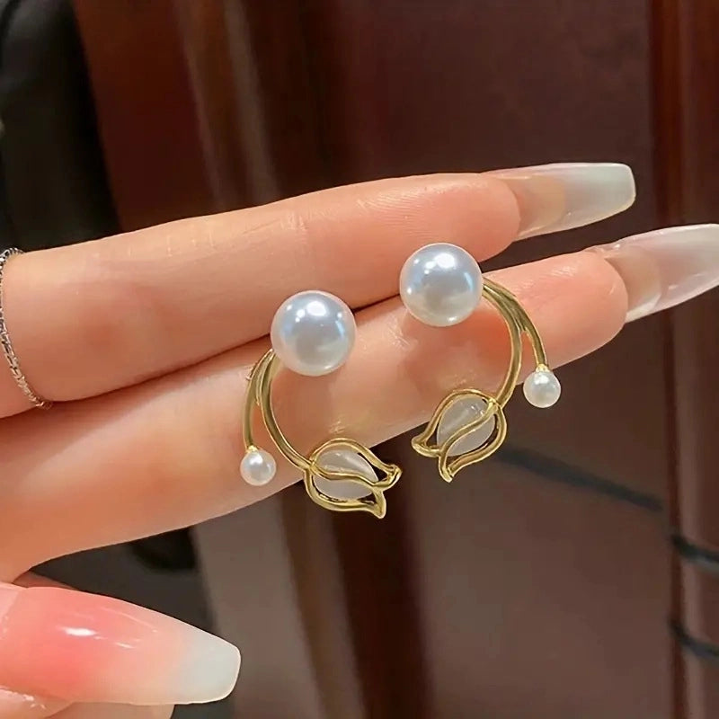 1 Pair Sweet Flower Enamel Plating Inlay Alloy Artificial Pearls Glass Earrings