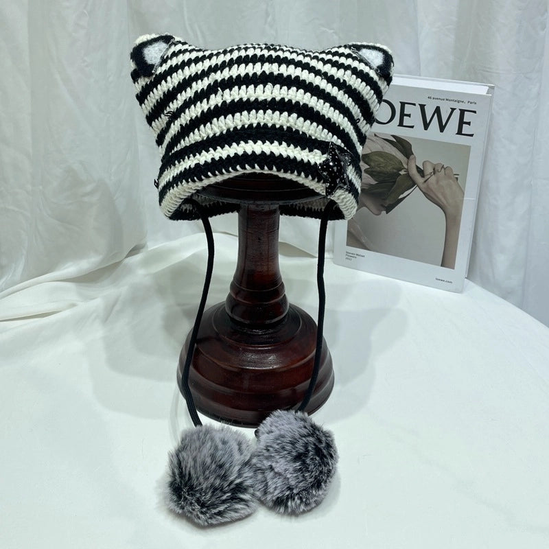Japanese Style Cute Little Devil Cat Ear Fur Ball Wool Hat Women's Autumn And Winter Warm Small Face Ear Protection Knitted Hat