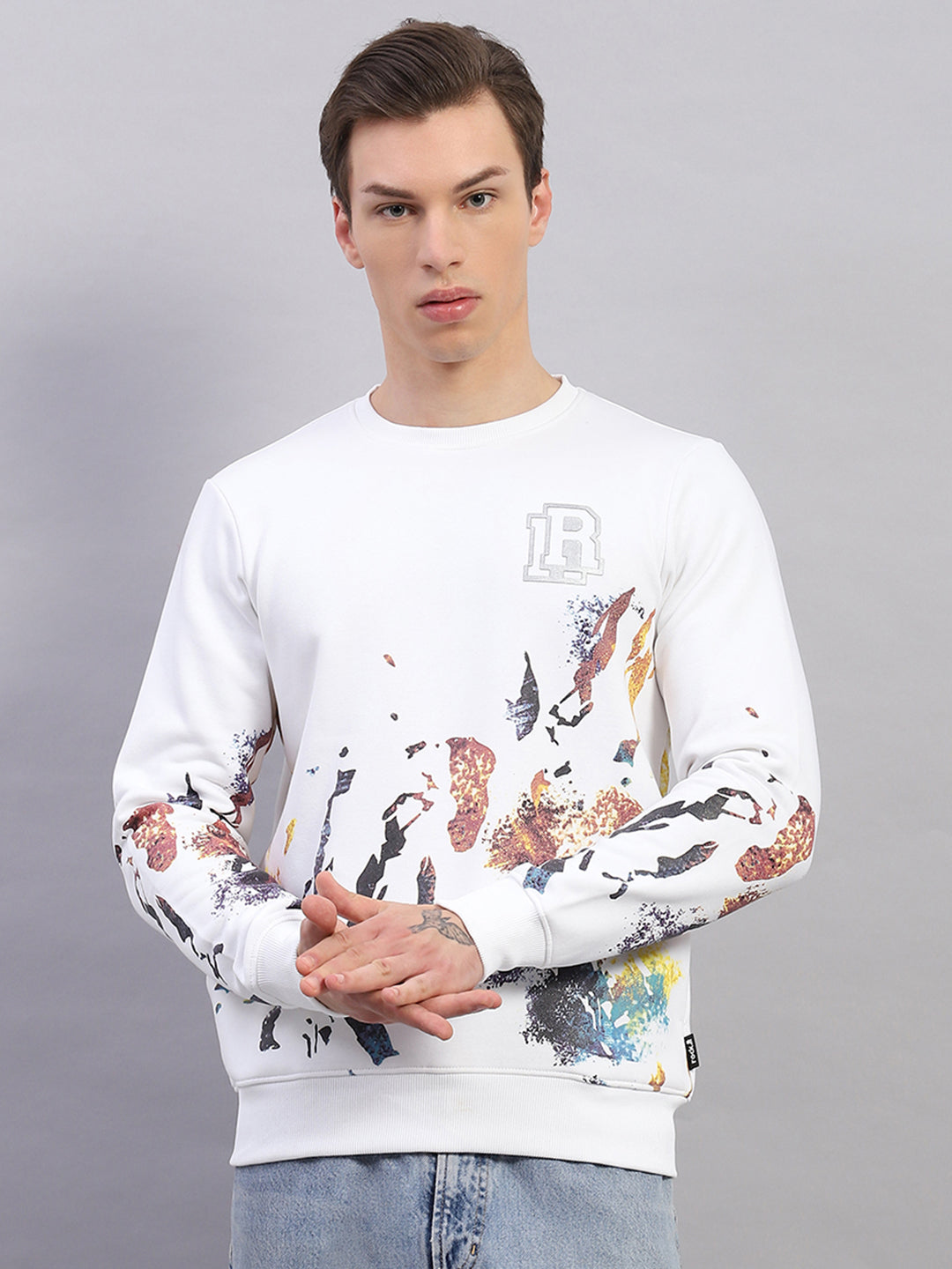 Men White Printed Round Neck Full Sleeve Sweatshirt