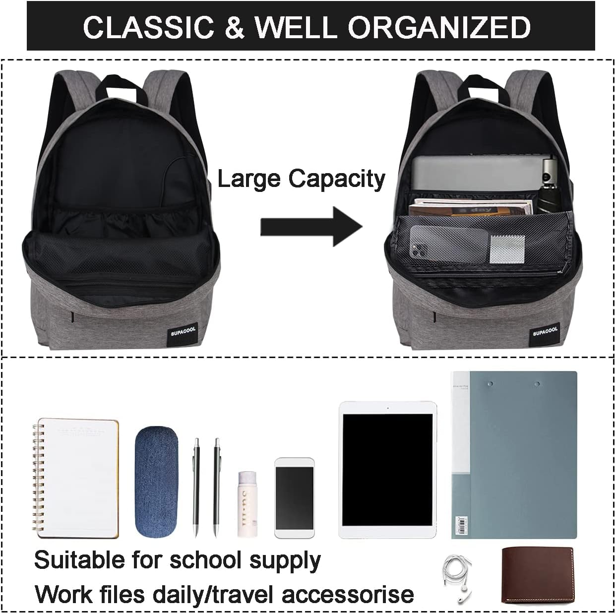 SUPACOOL Casual Laptop Backpack for Men and Women, School Backpack for Boys and Girls, College Bookbag, USB Charging Port, Lightweight Back Pack(Black)