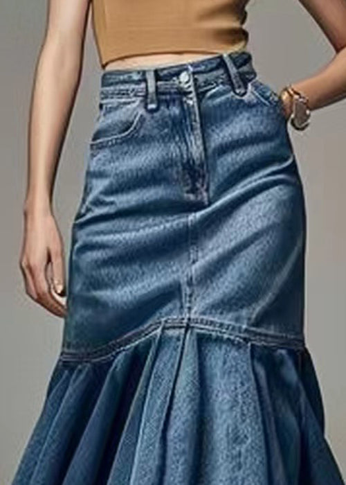 French Blue Wrinkled High Waist Fishtail Skirt Summer