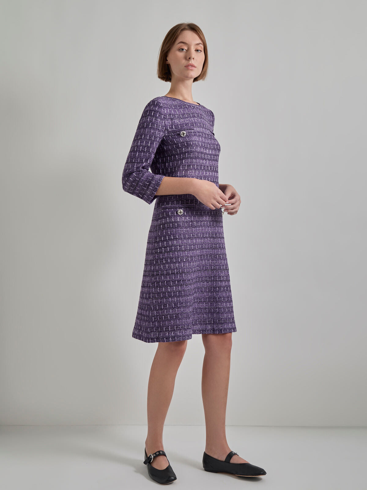 Metallic Accent Tweed Knit Shift Dress