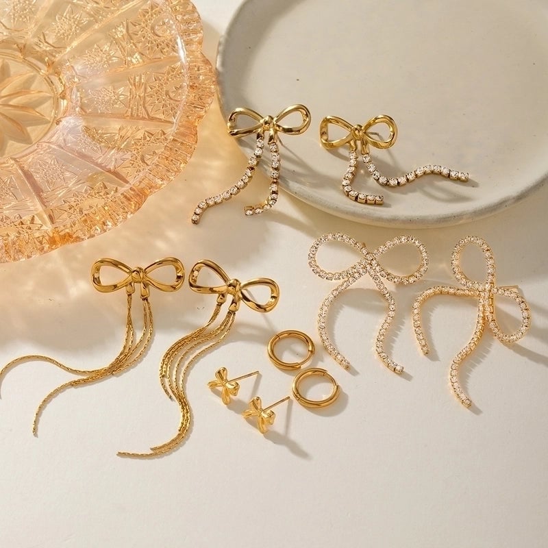 1 Pair IG Style Vacation Minimalist Tassel Bow Knot Inlay 304 Stainless Steel Rhinestones 18K Gold Plated Drop Earrings