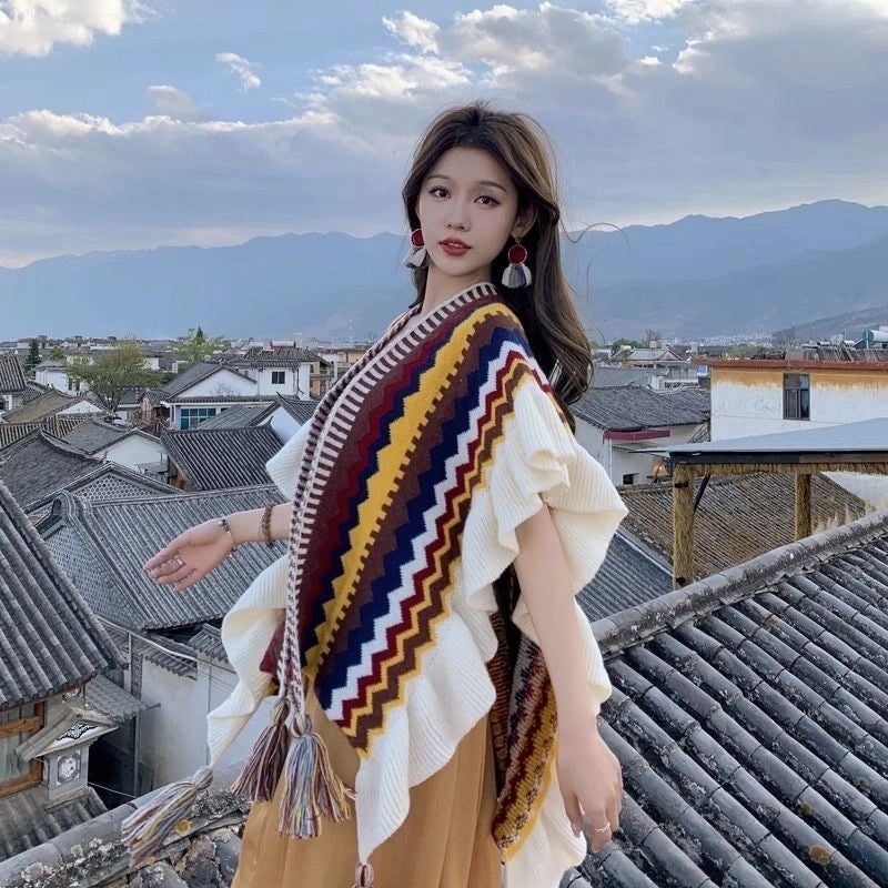 Travel Outside Knitted Shawl Ethnic Style Vintage Cape Cloak Tassel Scarf For Vacation Wear
