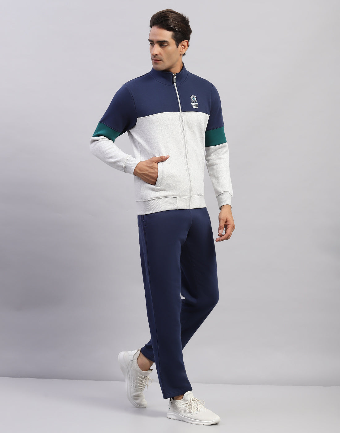 Men Navy Blue Printed Mock Neck Full Sleeve Winter Tracksuit