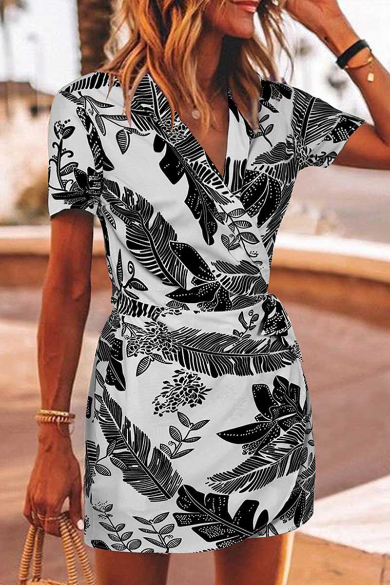 collar and leaf print mini dress