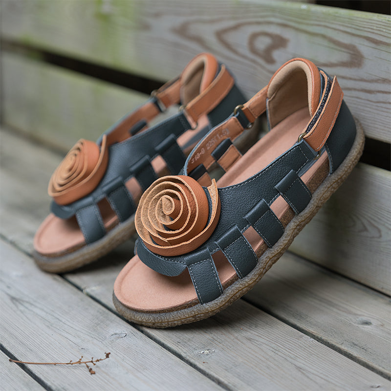 Women's Leather Hollow Sandals Flat with Handmade Flower