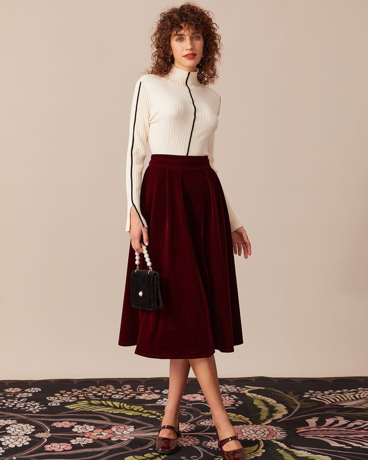 The Red High Waisted Velvet Midi Skirt