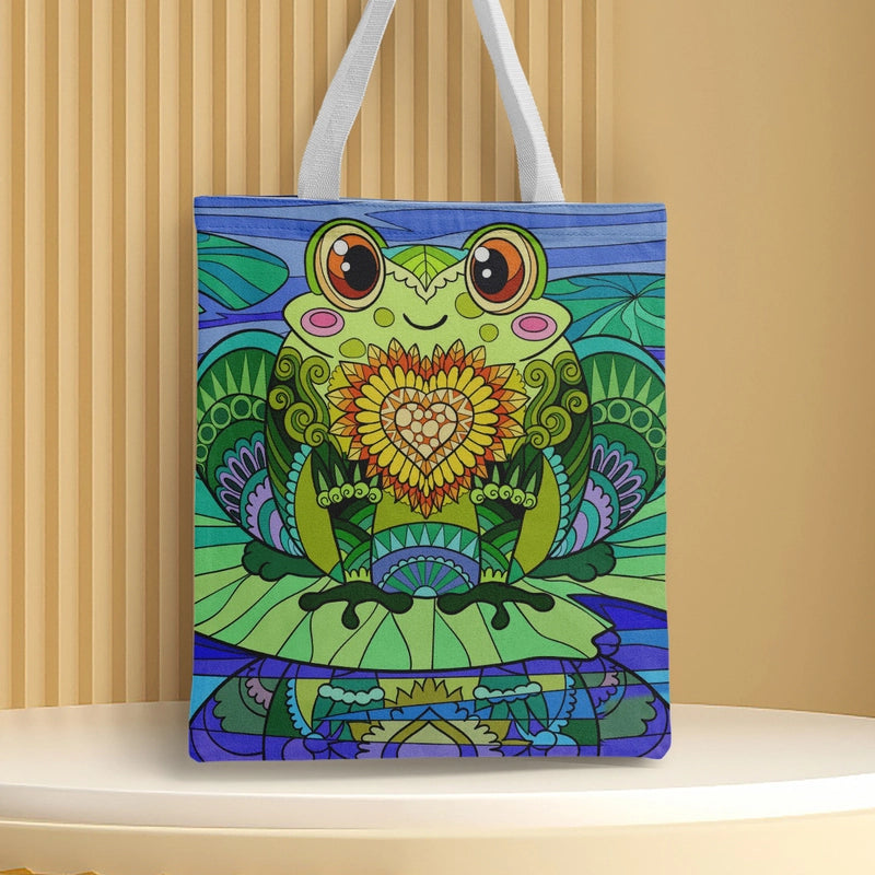 Women's Medium Canvas Frog Basic Classic Style Square Open Canvas Bag