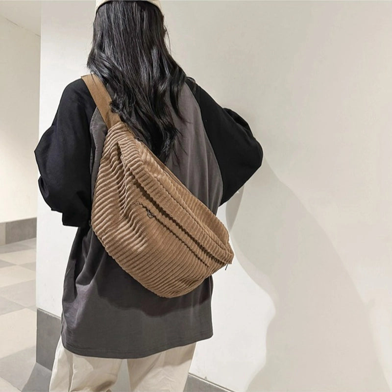 Unisex Corduroy Stripe Solid Color Basic Cloud Shape Zipper Shoulder Bag