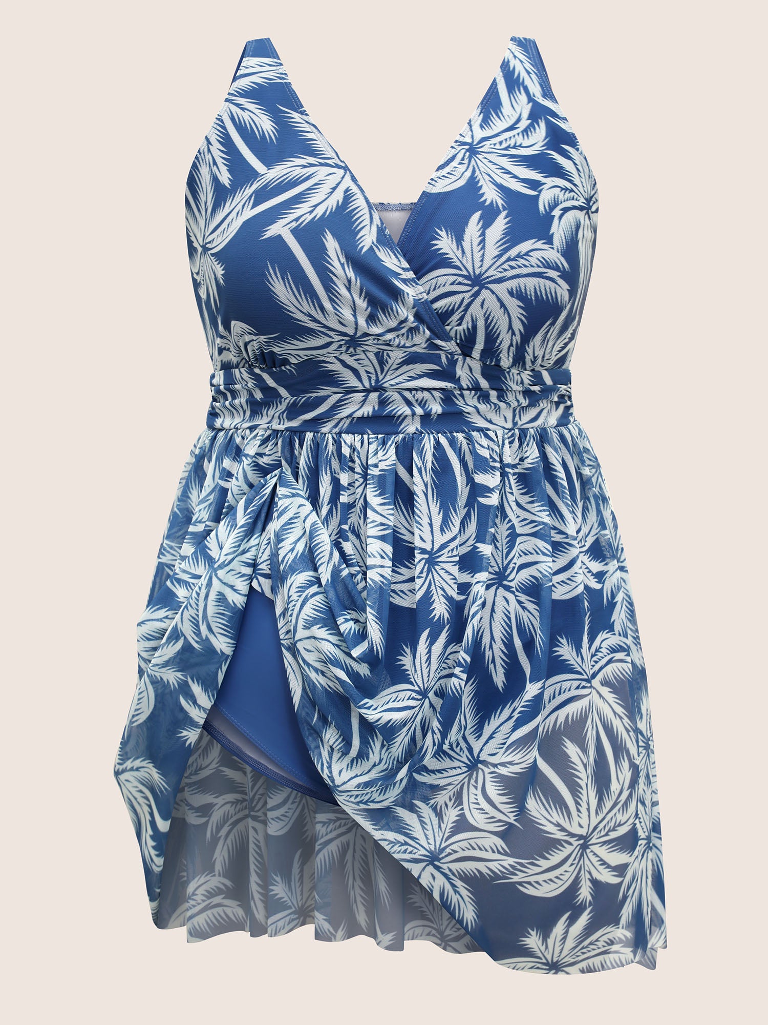 Tropical Print Overlap Collar Swim Dress