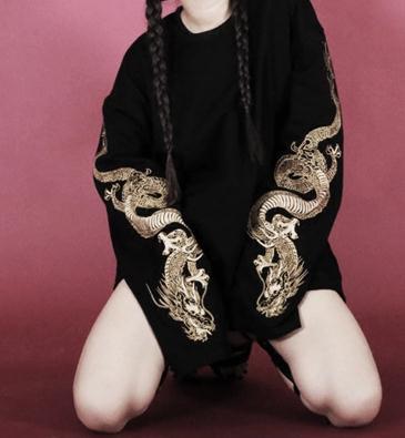 Dragon Embroidered Extended Sleeve Top